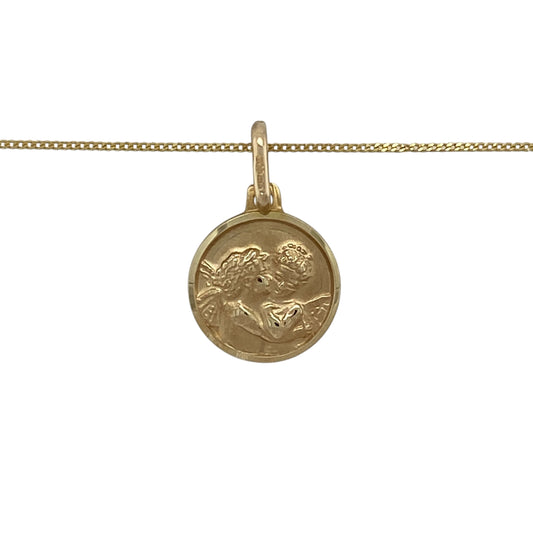 Bring symbolic charm and classic elegance to your jewellery collection with this pre-owned 9ct yellow gold cherub round pendant necklace.

Design: The pendant features a round cherub motif, symbolising protection and love, with a total length of approximately 2cm including the bail, creating a delicate yet meaningful focal point.
Material: Made from 9-carat yellow gold, the warm polished finish beautifully enhances the fine detailing of the cherub design.