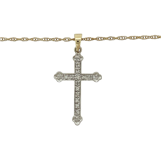 Bring meaningful elegance and subtle sparkle to your jewellery collection with this pre-owned 9ct yellow and white gold diamond set cross pendant necklace, offering a timeless symbol with refined detail—perfect for everyday wear or special occasions.

Design: The pendant features a classic cross design highlighted with diamond accents, combining yellow and white gold tones for added contrast. The pendant measures approximately 3cm in length including the bail, giving it a graceful and balanced presence.