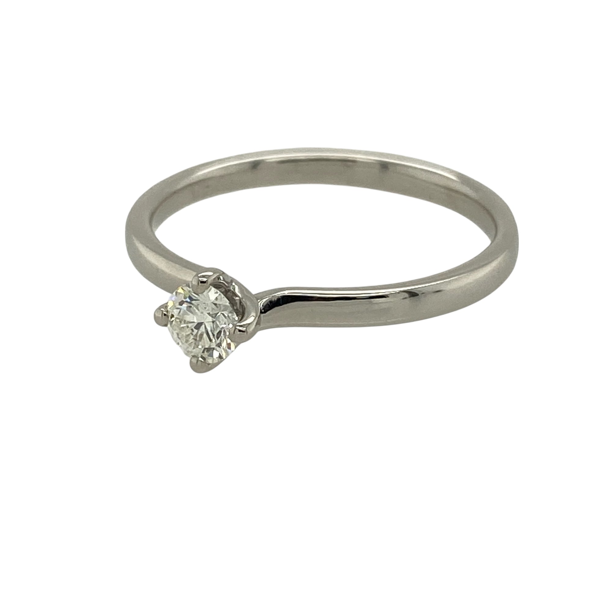 Bring timeless sophistication and understated sparkle to your jewellery collection with this pre-owned 18ct white gold diamond set solitaire ring, showcasing a classic design that never goes out of style—perfect for engagements, anniversaries, or everyday elegance.

Design: The ring features a single brilliant-cut diamond at the centre, approximately 0.25ct, creating a clean and elegant solitaire look.