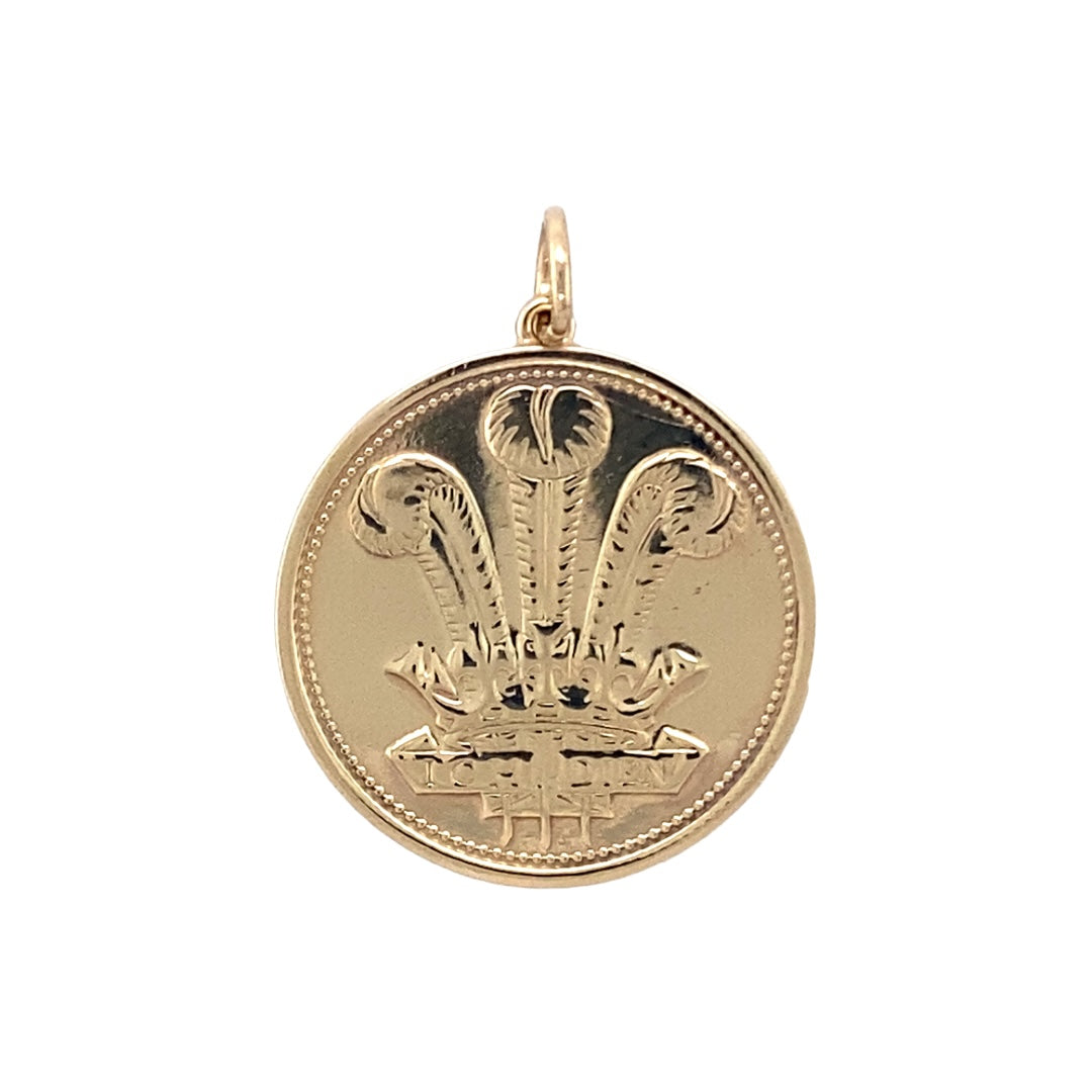 9ct Gold Welsh Dragon and Three Feather Coin Style Pendant