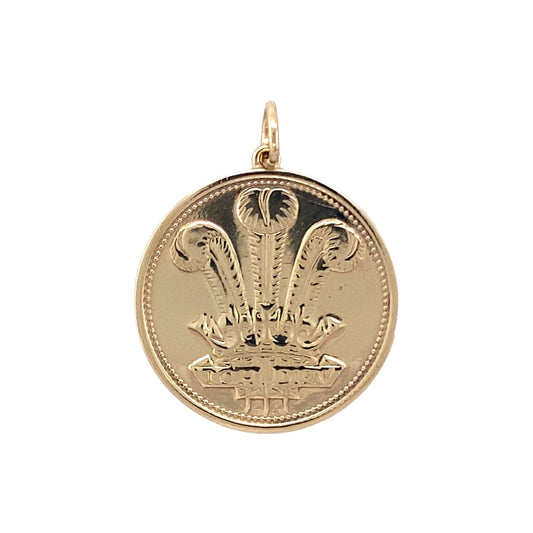 9ct Gold Welsh Dragon and Three Feather Coin Style Pendant