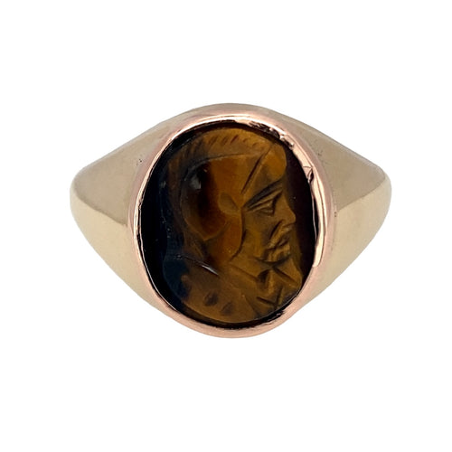 9ct Gold & Tigers Eye Centurion Head Oval Signet Ring