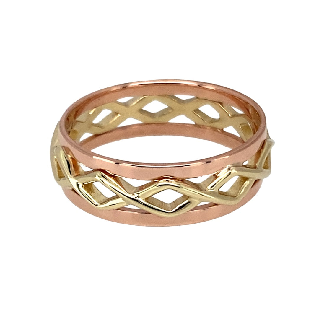 Add symbolic beauty and unique Welsh heritage to your collection with this pre-owned 9ct yellow and rose gold Clogau open weave band ring—a distinctive piece that blends tradition with elegant style, perfect for everyday wear or marking special occasions.

Design: This ring features an intricate open weave pattern across the 6mm wide front, beautifully combining yellow and rose gold for a warm, layered look.
