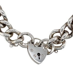 Preowned 925 Silver Heart Padlock 7" Charm Bracelet with the weight 55.60 grams and link width 12mm