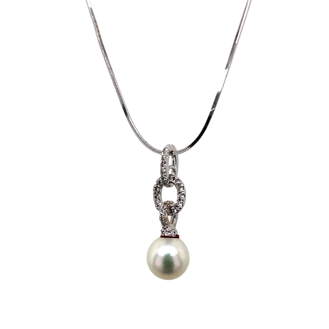 18ct White Gold Diamond Pearl Set Drop 18 Necklace