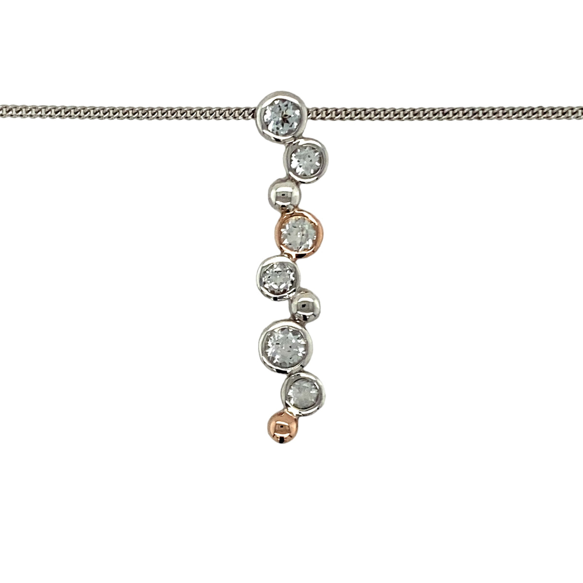 Preowned 925 Silver with 9ct Rose Gold Clogau & White Topaz Set Clogau Bubble Pendant on an adjustable 18", 20" - 22" Clogau curb chain with the weight 5.10 grams. The pendant is 3.3cm long