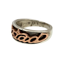 Load image into Gallery viewer, Preowned 925 Silver and 9ct Rose Gold Clogau Cariad Band Ring in size J with the weight 4.40 grams. The front of the band is 7mm wide
