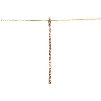 Preowned 9ct Yellow Gold & Lavender Cubic Zirconia Bar Pendant on an adjustable 16" - 18" trace chain with the weight 3.70 grams. The stones are each approximately 2mm diameter