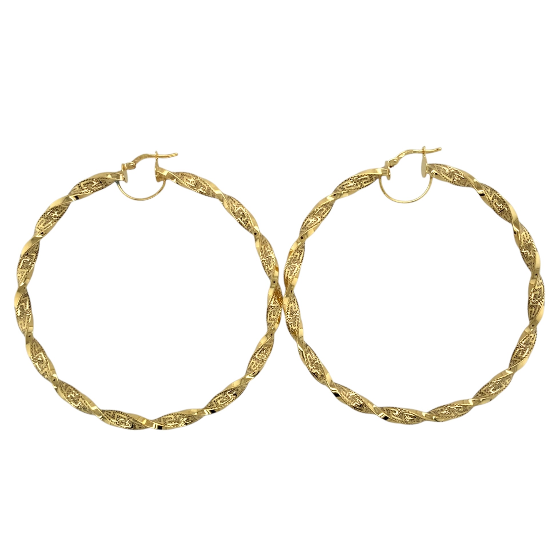 New 9ct Gold 67mm Greek Key Twisted Creole Hoop Earrings