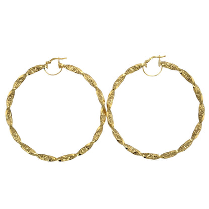 New 9ct Gold 67mm Greek Key Twisted Creole Hoop Earrings