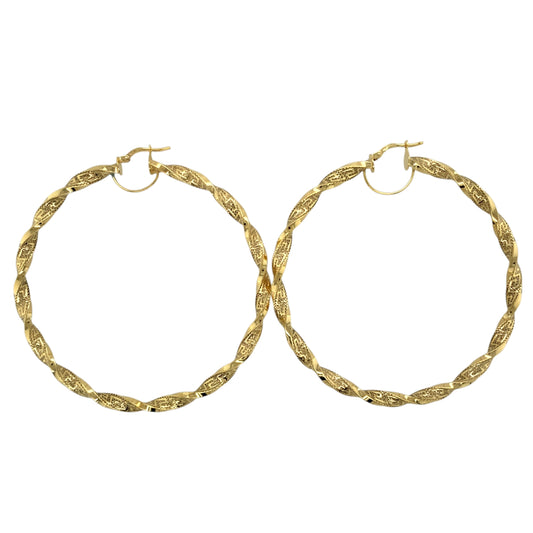 New 9ct Gold 67mm Greek Key Twisted Creole Hoop Earrings