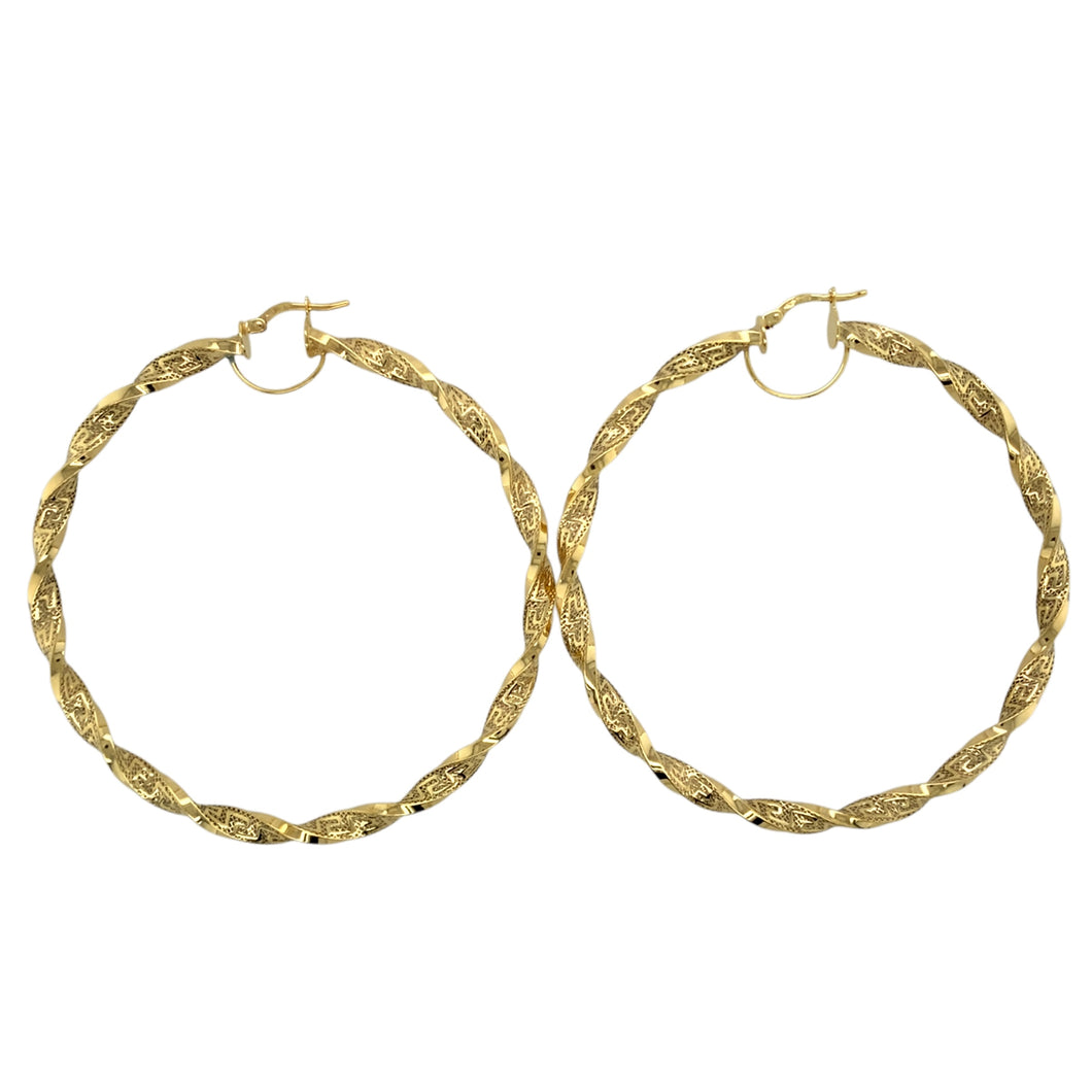 New 9ct Gold 67mm Greek Key Twisted Creole Hoop Earrings