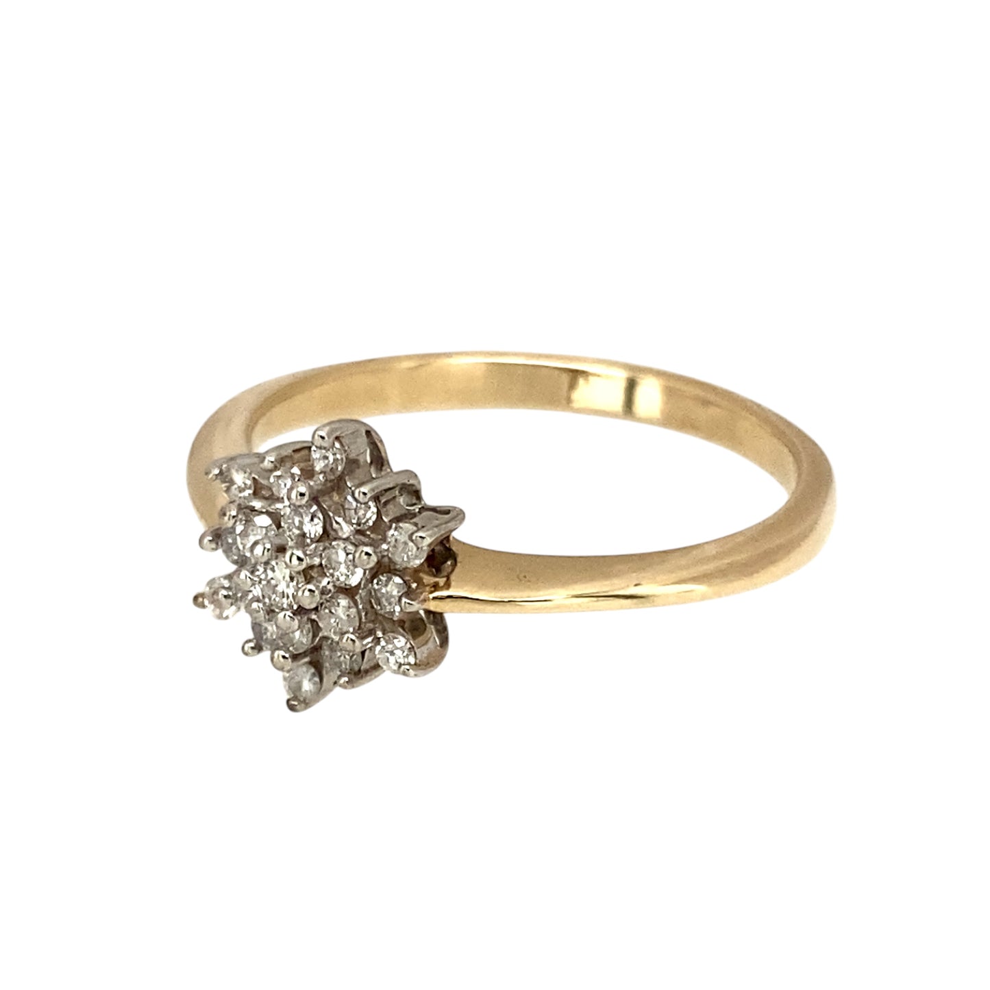 Preowned 9ct Yellow and White Gold & Diamond Set Cluster Ring in size S with the weight 2.80 grams. The front of the ring is 10mm high