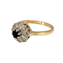 Load image into Gallery viewer, Preowned 9ct Yellow and White Gold Diamond &amp; Sapphire Set Cluster Ring in size M with the weight 2.50 grams. The sapphire stone is 4mm diameter
