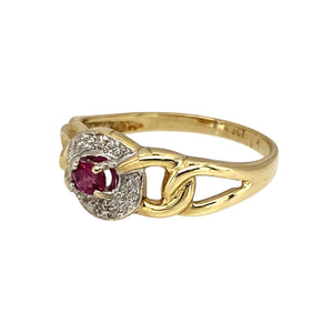 Preowned 9ct Yellow and White Gold Diamond & Ruby Halo Open Link Ring in size N with the weight 2 grams. The ruby stone is 3mm by 4mm