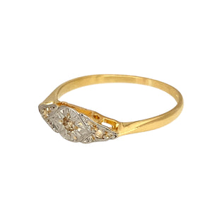 Elevate your jewellery collection with this exquisite preowned 18ct yellow gold & platinum diamond set Art Deco ring, featuring:

Design: A classic Art Deco style, showcasing intricate detailing and sparkling diamonds for a timeless aesthetic.

Material: Expertly crafted from 18-carat yellow gold & platinum, blending warmth with durability.

Size & Weight: Size K, with a lightweight feel at 1.40 grams.

Front Dimensions: The front of the ring measures 5mm wide, offering a delicate yet striking presence.