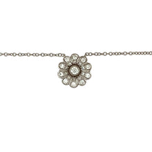 Load image into Gallery viewer, Add a touch of elegance to your jewellery collection with this pre-owned platinum &amp; diamond set flower 17&quot; necklace, featuring:

Design: A delicate flower-shaped pendant, adorned with sparkling diamonds for a timeless and feminine look.
Material: Platinum, offering a sleek and durable finish that enhances the brilliance of the diamonds.
Gemstones: Set with diamonds, adding a refined sparkle to the design.
Chain Length: Measures 17 inches, sitting elegantly on the neckline.
Weight: A well-balanced 4.30 grams
