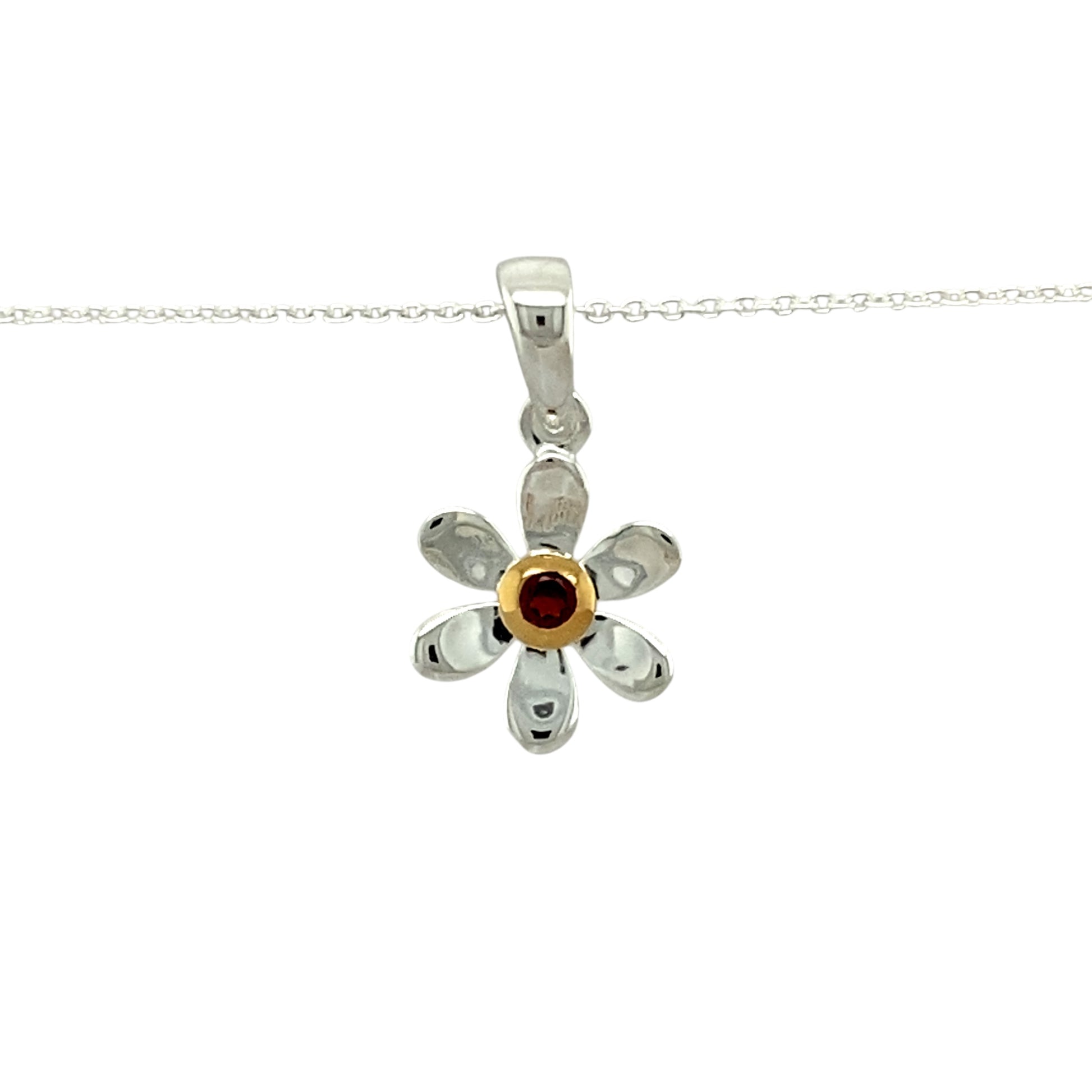 925 Silver & Garnet Set Flower Birthstone 16" - 18" Necklace