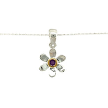 Load image into Gallery viewer, Add a touch of elegance and personal meaning to your jewellery collection with this new 925 silver &amp; amethyst set flower birthstone pendant necklace, featuring:

Design: A delicate flower-shaped pendant, set with a stunning amethyst birthstone at its centre for a timeless and meaningful touch.
Material: 925 sterling silver, with a gold-plated setting around the amethyst for added warmth and contrast.
Gemstone: Features a 2mm diameter amethyst, known as the birthstone for February, symbolising wisdom and tra
