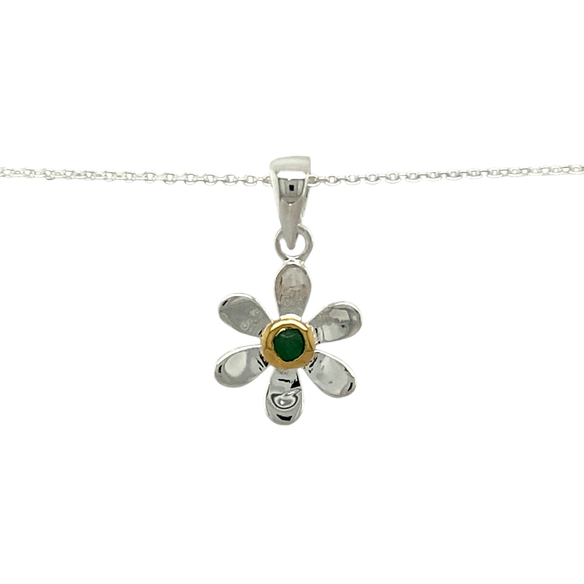 Add a touch of elegance and personal meaning to your jewellery collection with this new 925 silver & emerald set flower May birthstone pendant necklace, featuring:

Design: A delicate flower-shaped pendant, set with a vibrant emerald birthstone at its centre for a timeless and meaningful touch.
Material: 925 sterling silver, with a gold-plated setting around the emerald for added warmth and contrast.
Gemstone: Features a 2mm diameter emerald, known as the birthstone for May, symbolising growth 