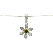 Load image into Gallery viewer, Add a touch of elegance and personal meaning to your jewellery collection with this new 925 silver &amp; emerald set flower May birthstone pendant necklace, featuring:

Design: A delicate flower-shaped pendant, set with a vibrant emerald birthstone at its centre for a timeless and meaningful touch.
Material: 925 sterling silver, with a gold-plated setting around the emerald for added warmth and contrast.
Gemstone: Features a 2mm diameter emerald, known as the birthstone for May, symbolising growth 
