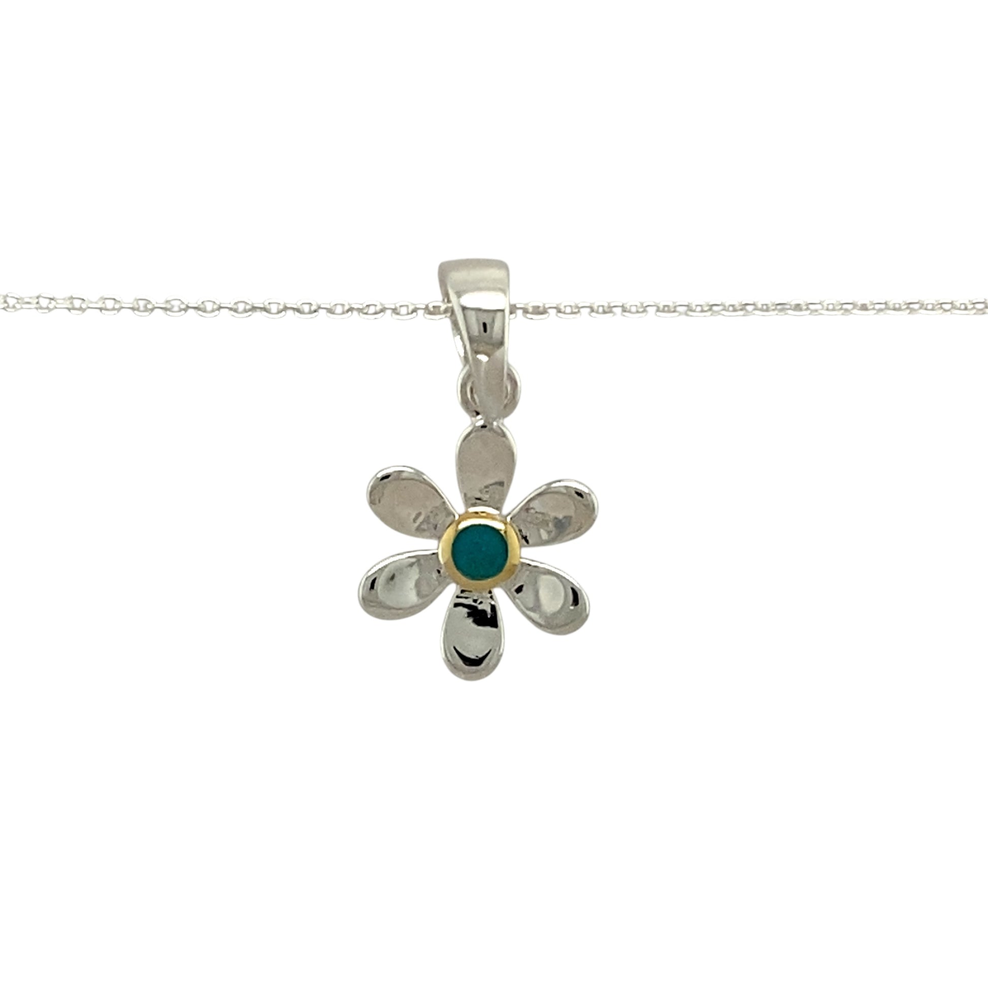 Add a touch of elegance and personal meaning to your jewellery collection with this new 925 silver & turquoise set flower December birthstone pendant necklace, featuring:

Design: A delicate flower-shaped pendant, set with a vibrant turquoise birthstone at its centre for a timeless and meaningful touch.
Material: 925 sterling silver, with a gold-plated setting around the turquoise for added warmth and contrast.
Gemstone: Features a 2mm diameter turquoise, known as the birthstone for December, symbolising pr
