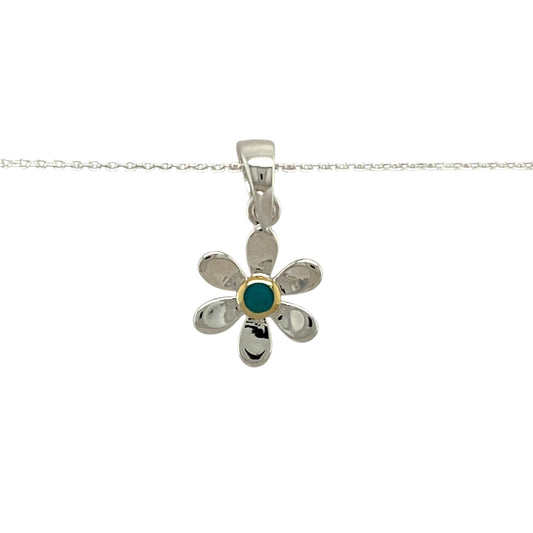 Add a touch of elegance and personal meaning to your jewellery collection with this new 925 silver & turquoise set flower December birthstone pendant necklace, featuring:

Design: A delicate flower-shaped pendant, set with a vibrant turquoise birthstone at its centre for a timeless and meaningful touch.
Material: 925 sterling silver, with a gold-plated setting around the turquoise for added warmth and contrast.
Gemstone: Features a 2mm diameter turquoise, known as the birthstone for December, symbolising pr