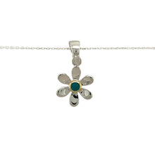 Load image into Gallery viewer, Add a touch of elegance and personal meaning to your jewellery collection with this new 925 silver &amp; turquoise set flower December birthstone pendant necklace, featuring:

Design: A delicate flower-shaped pendant, set with a vibrant turquoise birthstone at its centre for a timeless and meaningful touch.
Material: 925 sterling silver, with a gold-plated setting around the turquoise for added warmth and contrast.
Gemstone: Features a 2mm diameter turquoise, known as the birthstone for December, symbolising pr
