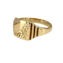 Load image into Gallery viewer, Add a classic and stylish piece to your jewellery collection with this pre-owned 9ct yellow gold patterned square signet ring, featuring:

Design: A traditional square signet ring, enhanced with an elegant patterned finish for added character.
Material: 9-carat yellow gold, offering a warm and timeless appeal.
Size &amp; Weight: Designed in size K, with a well-balanced weight of 2.20 grams for a comfortable fit.
Front Dimensions: Measures 9mm high, making it a refined yet noticeable piece.

