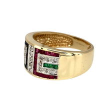 Load image into Gallery viewer, Add a bold and vibrant touch to your jewellery collection with this pre-owned 9ct yellow and white gold diamond &amp; gemstone Greek key patterned wide band ring, featuring:

Design: A striking wide band ring with a classic Greek key pattern, symbolising infinity and unity.
Material: 9-carat yellow and white gold, creating a beautiful two-tone contrast.
Gemstones: Set with emerald, ruby, and sapphire stones, complemented by sparkling diamond accents for added brilliance.
Size &amp; Weight: Designed in size Q, with 
