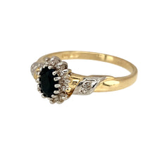 Load image into Gallery viewer, Add a touch of timeless elegance to your jewellery collection with this pre-owned 9ct yellow gold diamond &amp; sapphire set cluster ring, featuring:

Design: A classic cluster ring, showcasing a rich blue sapphire surrounded by sparkling diamonds for a sophisticated look.
Material: 9-carat yellow gold, with the stones set in white gold to enhance their brilliance.
Gemstone: Features a 6mm by 4mm sapphire, providing a striking and elegant focal point.
Size &amp; Weight: Designed in size R, with a well-balanced weig
