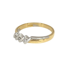 Load image into Gallery viewer, Add a unique and contemporary touch to your jewellery collection with this pre-owned 18ct yellow and white gold &amp; diamond trilogy modern style zig-zag band ring, featuring:

Design: A stylish modern zig-zag band, set with three dazzling diamonds in a trilogy design, symbolising the past, present, and future.
Material: 18-carat yellow and white gold, creating a striking two-tone contrast that enhances the diamonds&#39; brilliance.
Gemstones: Features three sparkling diamonds, adding elegance and sophistication.
