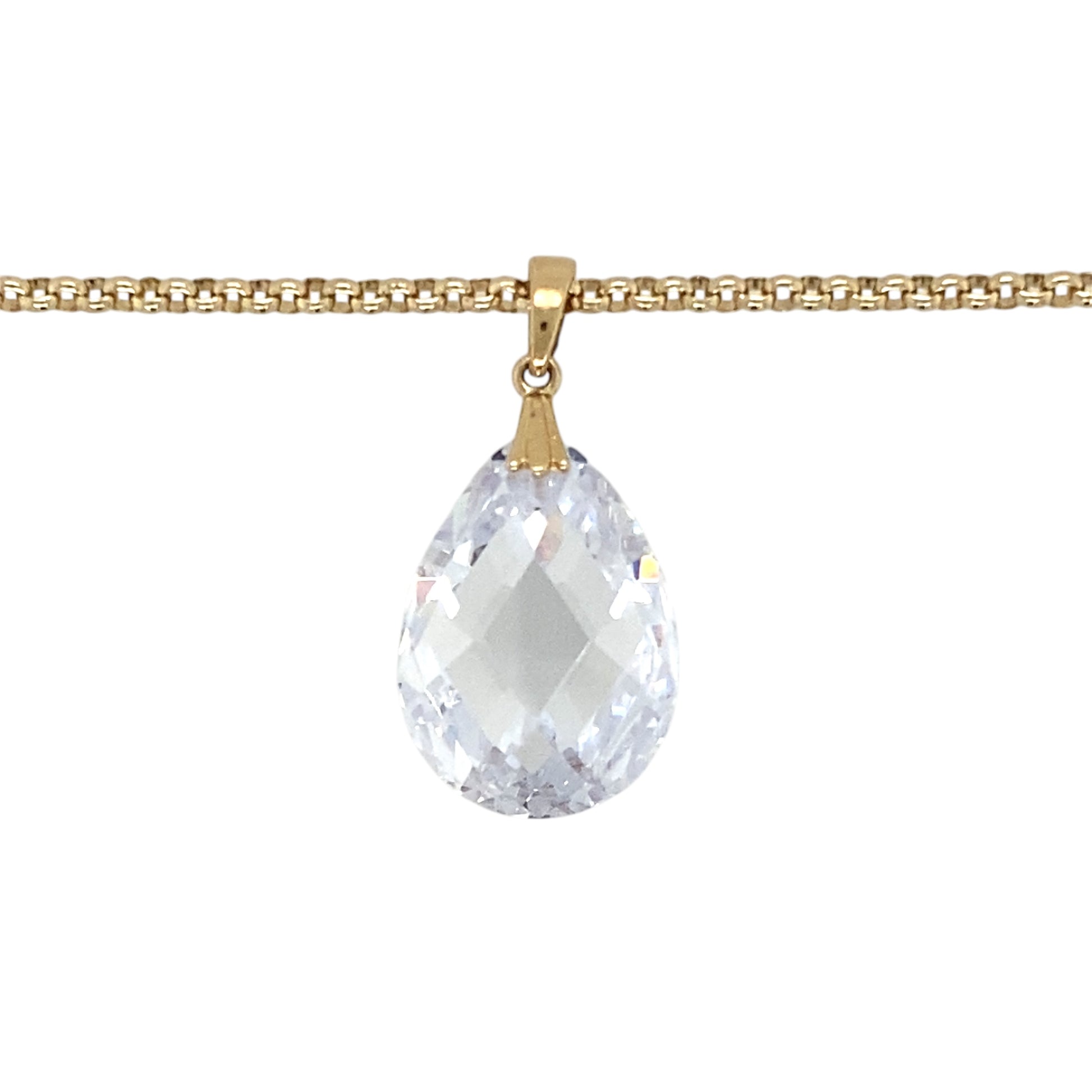 Add a touch of elegance and brilliance to your jewellery collection with this pre-owned 14ct gold & crystal set pendant on a 9ct gold 20" belcher chain necklace, featuring:

Design: A stunning crystal set pendant, exuding sophistication with its bold yet refined design.
Material: 14-carat gold pendant paired with a 9-carat gold belcher chain, creating a luxurious and durable piece.
Gemstone: Features a 19mm by 13mm crystal stone, adding eye-catching sparkle and elegance.

