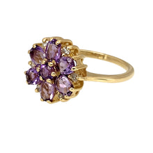 Load image into Gallery viewer, Add a touch of floral elegance to your jewellery collection with this pre-owned 9ct yellow gold diamond &amp; amethyst set flower cluster ring, featuring:

Design: A charming flower cluster ring, creating a delicate and timeless look.
Material: 9-carat yellow gold, offering a warm and classic appeal.
Gemstones: Features amethyst stones arranged in a floral pattern, accented by sparkling diamonds for added brilliance.
Size &amp; Weight: Designed in size I, with a well-balanced weight of 2.40 grams
