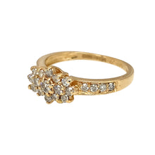 Load image into Gallery viewer, Add a touch of timeless elegance to your jewellery collection with this pre-owned 9ct yellow gold &amp; diamond set cluster ring, featuring:

Design: A classic cluster ring, enhanced by diamond-set shoulders for extra sparkle and sophistication.
Material: 9-carat yellow gold, offering a warm and elegant appeal.
Gemstones: Features approximately 0.50ct of total diamond content, adding brilliance and refinement.
Size &amp; Weight: Designed in size L, with a well-balanced weight of 2 grams for a comfortable fit.
Front
