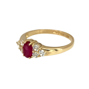 Add a touch of elegance to your jewellery collection with this pre-owned 9ct yellow gold ruby & cubic zirconia set ring, featuring:

Design: A classic and elegant ring showcasing a central 6mm by 5mm ruby, flanked by three small cubic zirconia stones on either side for added sparkle.
Material: Crafted in 9-carat yellow gold, offering a timeless and sophisticated appeal.
Gemstones: Features a striking ruby at the center, surrounded by cubic zirconia accents to enhance its beauty.
