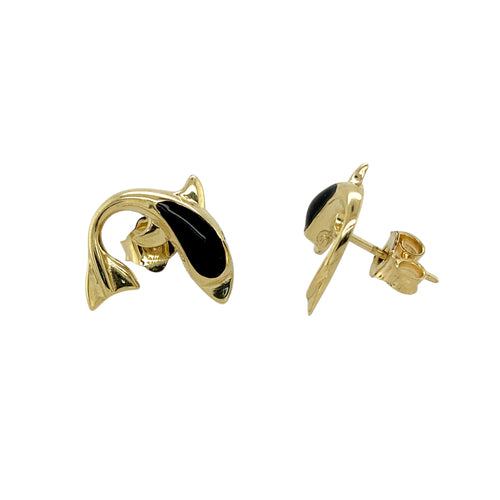 14ct Gold & Black Onyx Set Dolphin Stud Earrings