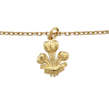Load image into Gallery viewer, Add a symbol of heritage and pride to your jewellery collection with this pre-owned 9ct yellow gold Welsh Three Feathers pendant necklace, featuring:

Design: A beautifully detailed Welsh Three Feathers pendant, a historic symbol of Wales and loyalty.
Material: Crafted in 9-carat yellow gold, offering a warm and polished finish.
Pendant Size: Measures 2.2cm long including the bail, making it a subtle yet meaningful piece.
Chain: Paired with a 24&quot; belcher chain, providing a classic and durable look.

