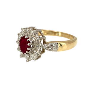 Add a touch of timeless elegance to your jewellery collection with this pre-owned 9ct yellow and white gold diamond & ruby set cluster ring, featuring:

Design: A classic cluster-style ring, combining the rich beauty of ruby with the brilliance of diamonds.
Material: Crafted in 9-carat yellow and white gold, offering a beautiful contrast and refined appeal.
Gemstone Arrangement: Showcases a vibrant 6mm by 4mm ruby, surrounded by sparkling diamonds for a dazzling effect.
