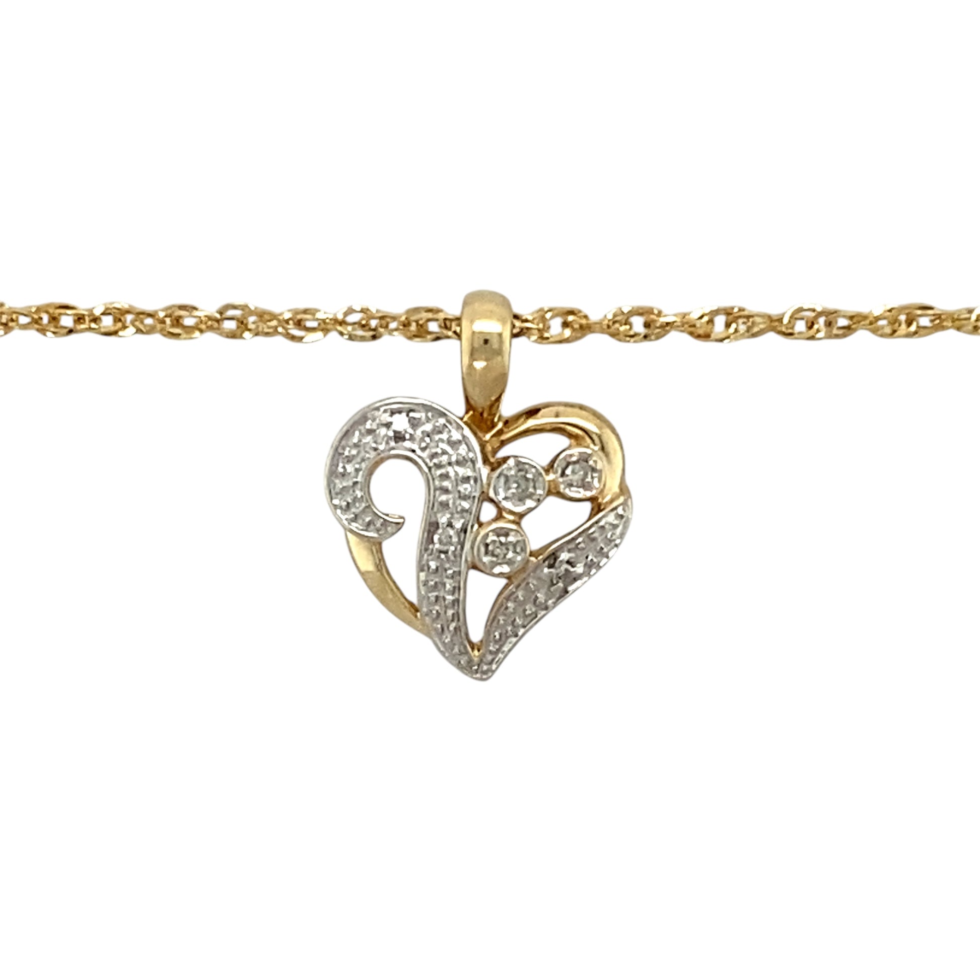 Add a touch of romance and elegance to your jewellery collection with this pre-owned 9ct yellow and white gold & diamond set heart pendant necklace, featuring:

Design: A beautifully crafted heart-shaped pendant, symbolising love and timeless elegance.
Material: Made from 9-carat yellow and white gold, offering a sophisticated contrast and polished finish.
Gemstone Detail: Accented with sparkling diamonds, adding a touch of brilliance and charm.
