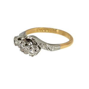 Add a touch of vintage charm to your jewellery collection with this pre-owned 18ct yellow gold & platinum diamond set vintage trilogy twist ring, featuring:

Design: A stunning trilogy twist design, symbolising the past, present, and future.
Material: Crafted in 18-carat yellow gold, with a platinum setting, enhancing the brilliance of the diamonds.
Gemstone Arrangement: Features sparkling diamonds, elegantly set to create a timeless vintage appeal.
