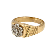 Load image into Gallery viewer, Add a touch of floral elegance to your jewellery collection with this pre-owned 9ct yellow and white gold &amp; diamond set flower-style ring, featuring:

Design: A beautifully crafted flower-inspired setting, creating a delicate yet striking look.
Material: Crafted in 9-carat yellow and white gold, offering a sophisticated contrast and timeless appeal.
Gemstone Detail: Adorned with sparkling diamonds, enhancing the floral design with added brilliance.

