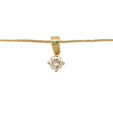 Load image into Gallery viewer, Add a touch of classic elegance to your jewellery collection with this pre-owned 18ct yellow gold &amp; diamond set solitaire pendant necklace, featuring:

Design: A timeless solitaire pendant, showcasing a single dazzling diamond for understated sophistication.
Material: Crafted in 18-carat yellow gold, offering a warm and polished finish.
Gemstone Detail: Features a brilliant-cut diamond, approximately 0.28ct, adding exceptional sparkle.

