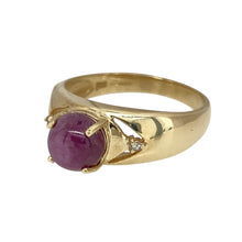 Load image into Gallery viewer, Add a touch of elegance and colour to your jewellery collection with this pre-owned 9ct yellow gold diamond &amp; purple stone set ring, featuring:

Design: A classic and sophisticated setting, showcasing a vibrant central gemstone.
Material: 9-carat yellow gold, offering a warm and polished finish.
Gemstone Arrangement: Features a striking 7mm diameter purple stone, radiating rich colour.
Diamond Accents: Sparkling diamonds enhance the brilliance of the central stone.

