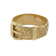Load image into Gallery viewer, Add a bold and decorative piece to your jewellery collection with this pre-owned 9ct yellow gold floral patterned buckle ring, featuring:

Design: A classic buckle ring design with intricate floral patterning, symbolising strength, loyalty, and enduring love.
Material: 9-carat yellow gold, offering a rich and polished finish.
Ring Front: The buckle detail measures 13mm high, making a strong and stylish statement.
Size &amp; Weight: Designed in size Z+3, with a substantial 9.40 grams
