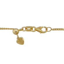 Load image into Gallery viewer, Add a refined and versatile piece to your jewellery collection with this pre-owned 9ct yellow gold 24&quot; pendant curb chain, featuring:

Design: A classic curb chain, ideal for showcasing a pendant with its smooth, flat-lying links. The chain has a small heart charm by the clasp which can be used to move the chain to your desired length.
Material: 9-carat yellow gold, offering a warm and polished finish.
Length: Measures 24 inches, perfect for a longer, elegant drape.

