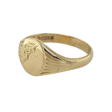 Load image into Gallery viewer, Add a touch of classic style to your jewellery collection with this pre-owned 9ct yellow gold patterned oval signet ring.

Design: Featuring an elegant oval-shaped front with intricate pattern detailing, this ring offers a timeless and sophisticated look.
Material: Made from 9-carat yellow gold, providing a warm and polished finish that enhances the classic design.
Size &amp; Weight: The front of the ring measures 10mm high, with a total weight of 2.90 grams, ensuring a comfortable fit in size P.
