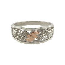 Load image into Gallery viewer, Add a touch of elegance and meaningful design to your jewellery collection with this pre-owned 925 silver with 9ct rose gold and cubic zirconia Clogau Tree of Life band ring.

Design: The ring features the iconic Tree of Life motif, symbolizing growth and connection, with beautiful cubic zirconia stones adding a touch of sparkle. The 9ct rose gold accents enhance the warmth and sophistication of the design.
Material: Crafted from 925 silver with 9ct rose gold
