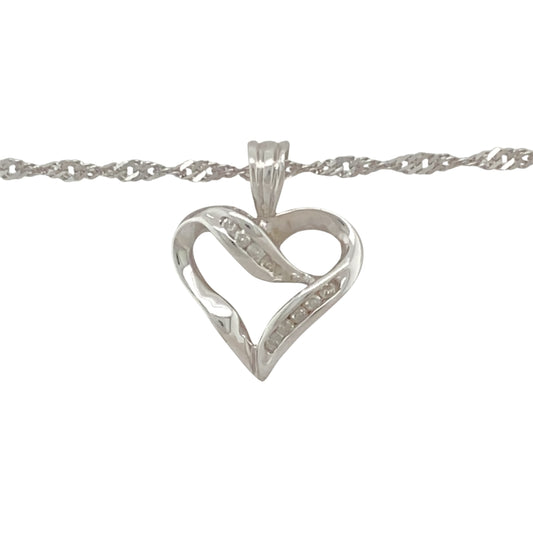 Add a touch of elegance to your jewellery collection with this pre-owned 9ct white gold & diamond set open heart pendant on an 18" Singapore chain necklace.

Design: A beautifully designed open heart pendant, featuring sparkling diamonds that add a touch of glamour and sophistication to the delicate heart shape.
Material: Made from 9-carat white gold, offering a sleek and polished finish that enhances the brilliance of the diamonds.
