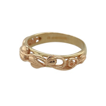 Load image into Gallery viewer, Add a meaningful piece to your jewellery collection with this pre-owned 9ct yellow and rose gold Clogau Tree of Life band ring.

Design: A beautifully crafted band ring featuring the iconic Tree of Life design, symbolising strength, family, and continuity, with a unique two-tone gold finish.
Material: Made from 9-carat yellow and rose gold, offering a polished and warm contrast between the two metals.
Size &amp; Weight: Weighing 2 grams, this ring is size J, with the front of the band measuring 5mm wide

